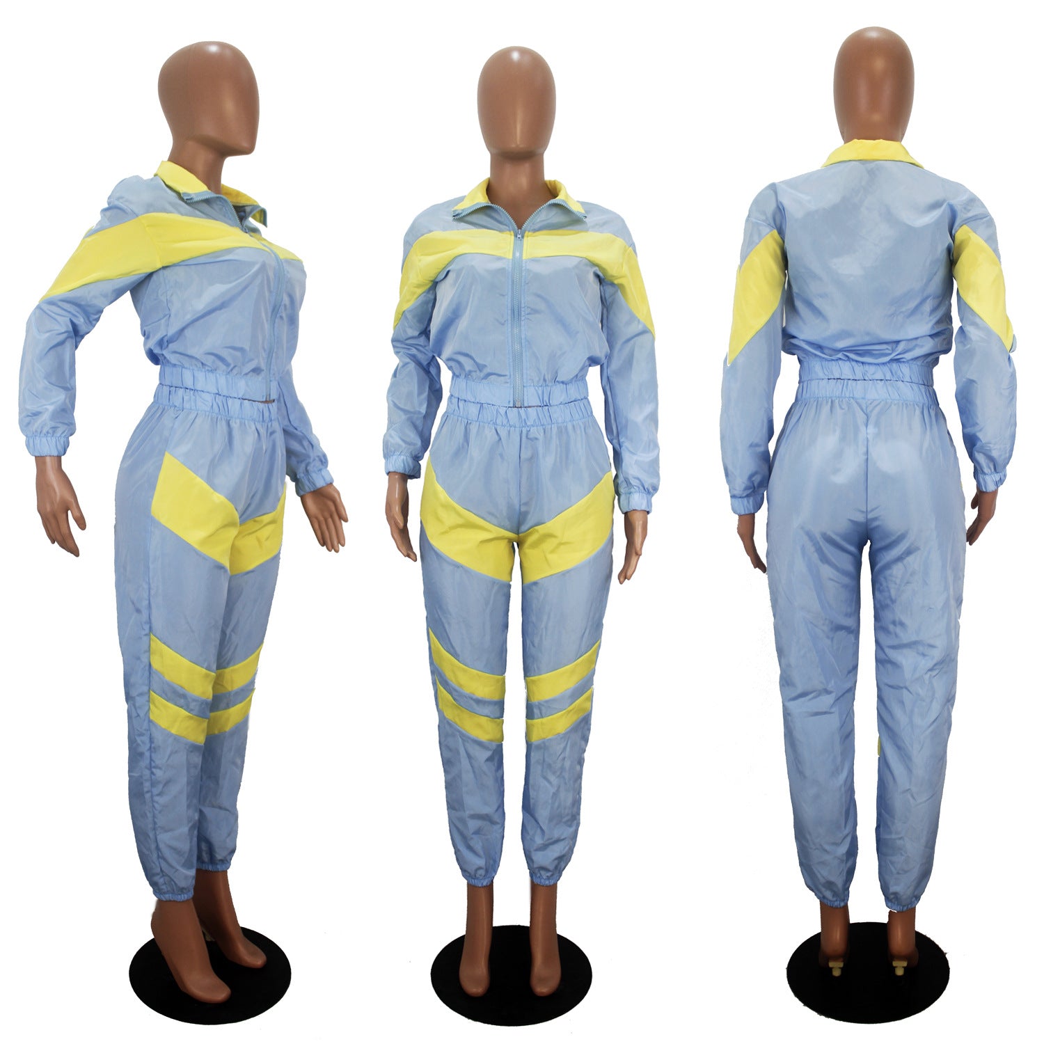 Women's Color Block Long Sleeve Trench Coat Pants without Pocket Set 6