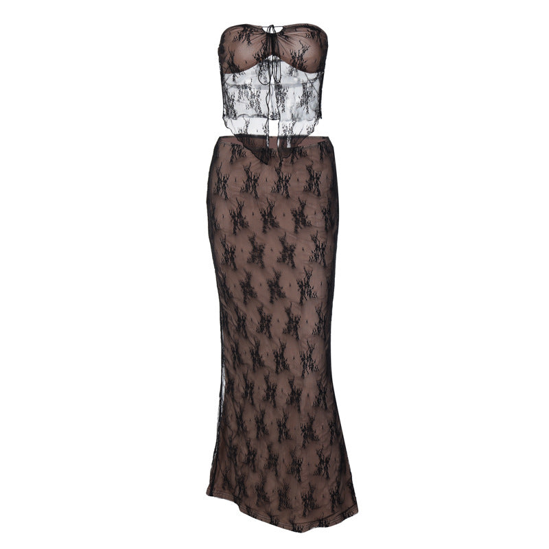 Women sexy lace Patchwork Top and Skirt two-piece set 7