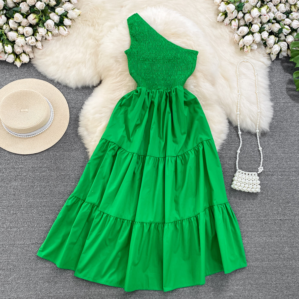 Retro Chic Sleeveless Slash Shoulder Slim Waist Slim Fit Beach Holidays A-Line Long Dress 47