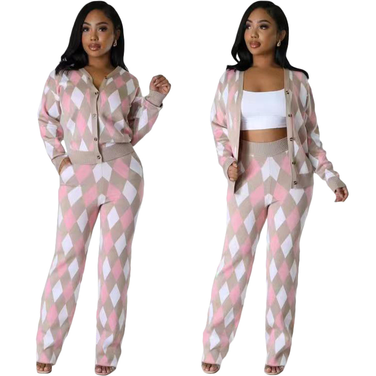 Autumn And Winter Women's Knitting Cardigan Sweater Pants Two-Piece Suit