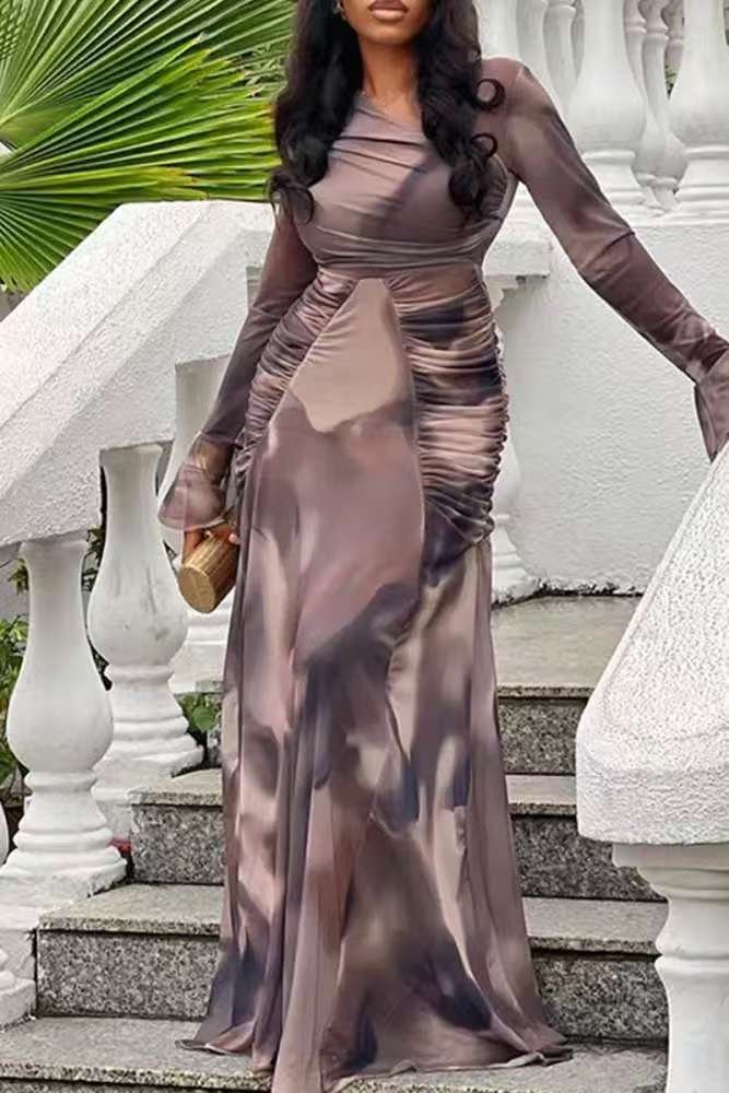 Women Autumn Printed Slash Shoulder Pleated Maxi Dress