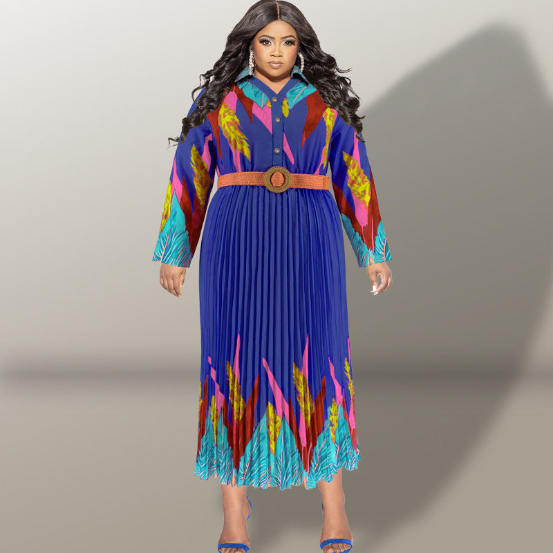 Plus Size Autumn Women's Print Button Long Sleeve Pleated Dress 5