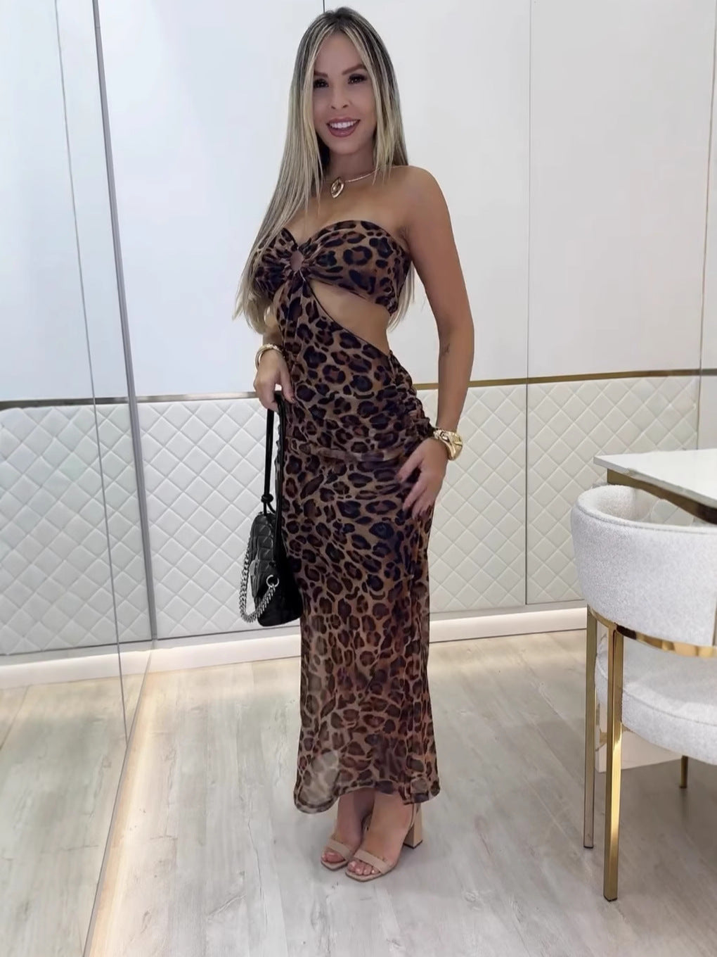 Women's Summer Leopard Sexy Strapless Mesh Dress 9