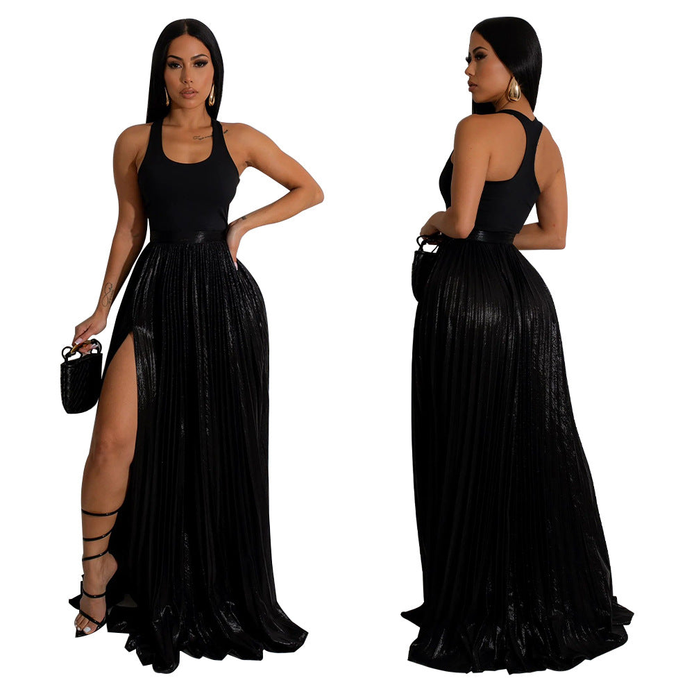 Women Solid High Waist Pleated Slit Skirt 6