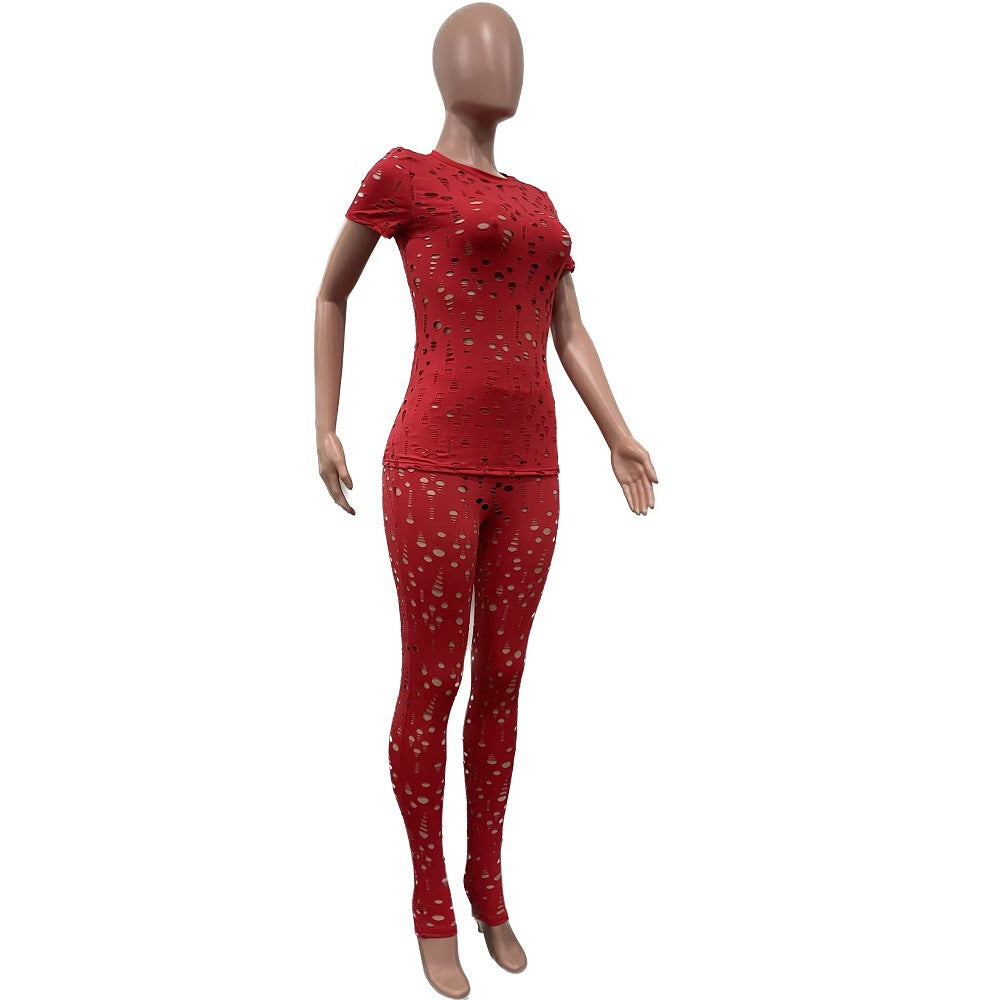 Women Stretch Ripped Round Neck Solid Top and Pant Two-Piece Set 11