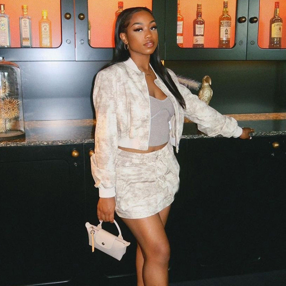 Women Tie Dye Long Sleeve Zip Top and Mini Skirt Two-Piece Set 4