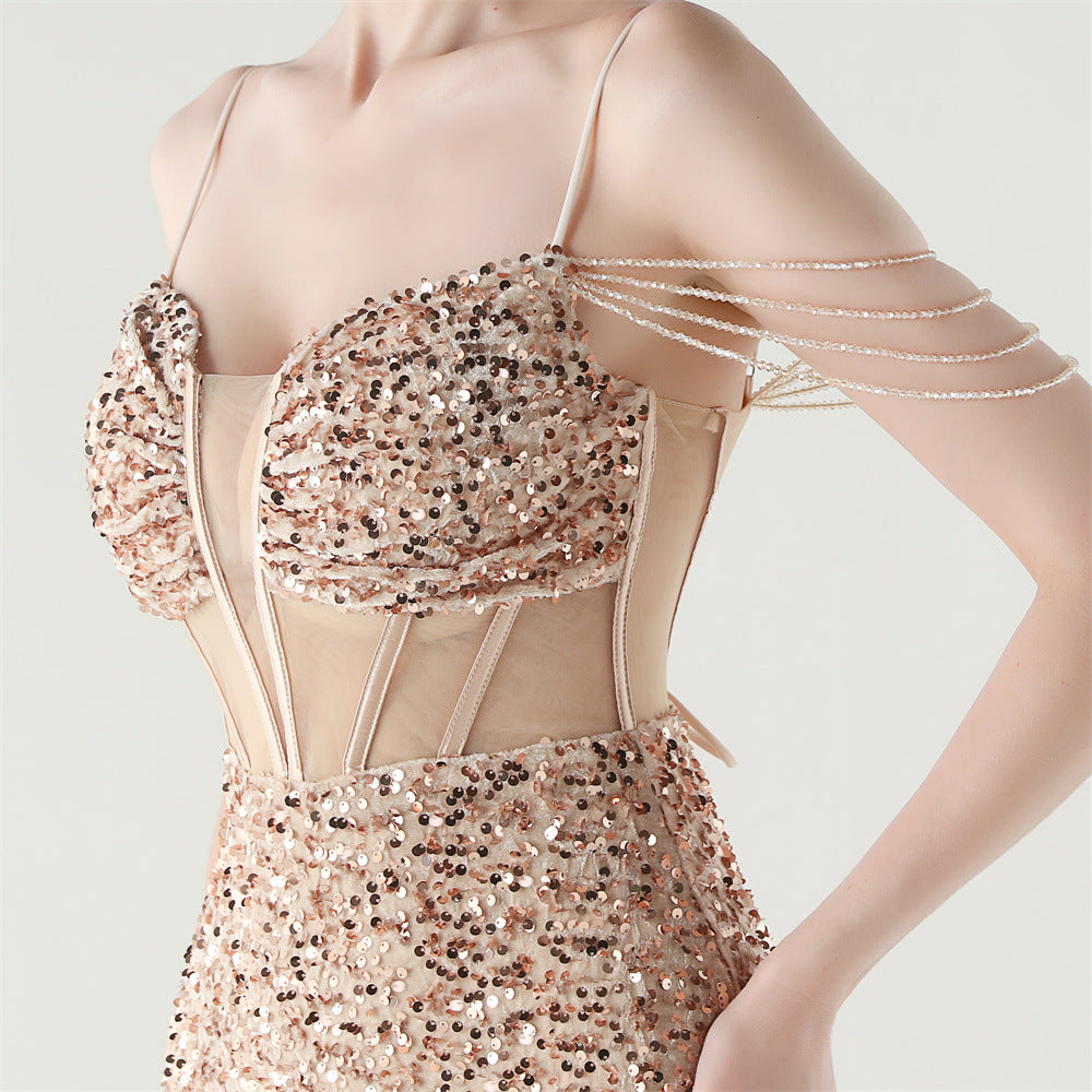 Women herringbone Lace-Up wrapped chest formal Formal Party sequined evening dress 18