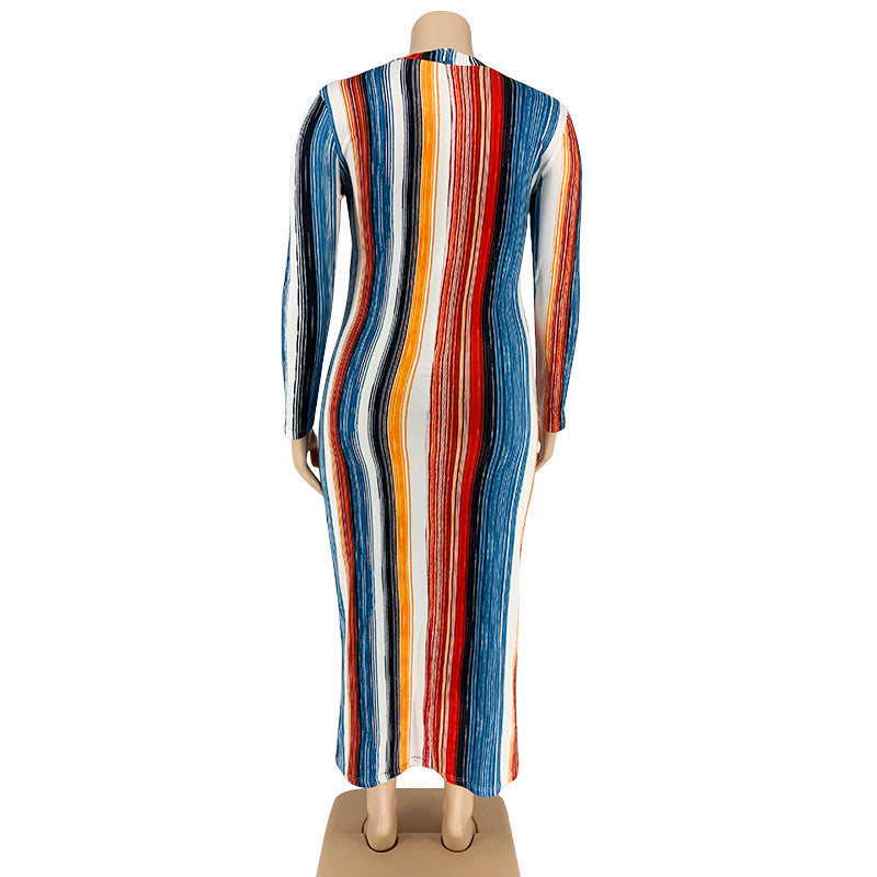 Multi-Color Stripes Tight Fitting Lace-Up Tie Winter Plus Size Women's Long Dress 7