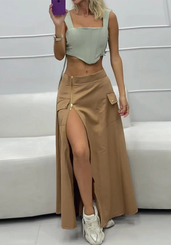 Women Fashion Casual Sleeveless solid color tie Tank Skirt two-piece set