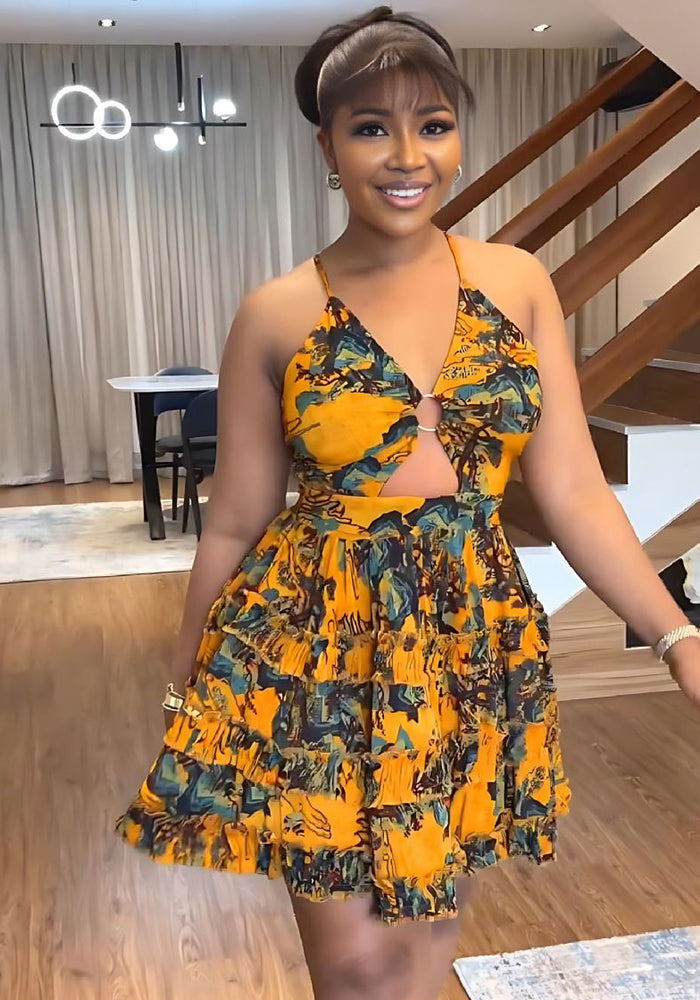 Women Deep V Sexy Camisole Ruffle Edge Print Backless Dress