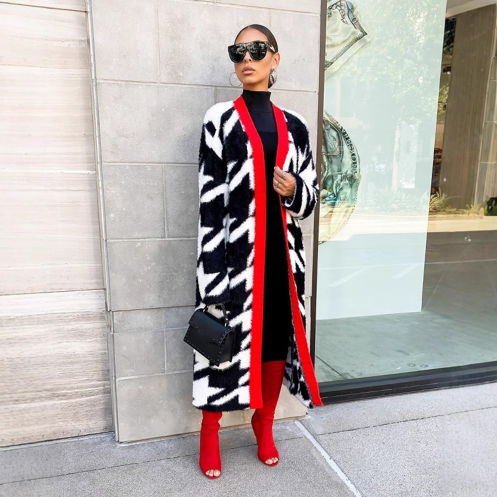 Women Autumn and Winter Houndstooth Long Coat