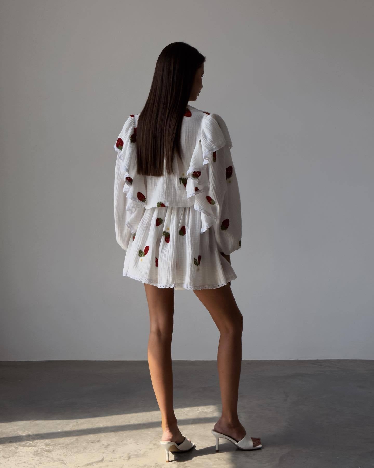 Women Ruffle Strawberry Print Long Sleeve Top and Skirt Two-Piece Set 6