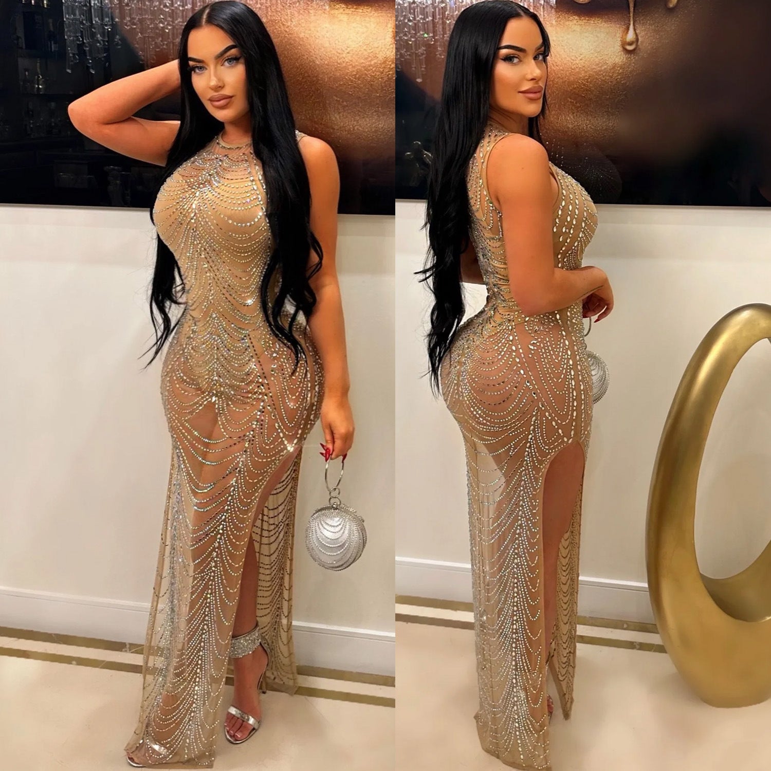 Autumn and Winter Women's Sexy See-Through Evening Beaded Nightclub Dress for Women 5