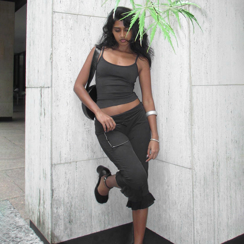 Women's Spring and Summer Ruffled V Waist Solid Color Elastic 7-point Casual Pants 34