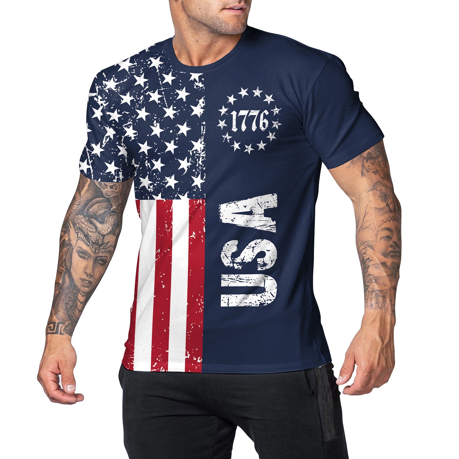 Men's American Flag Print T-Shirt Round Neck Short Sleeve Top 9