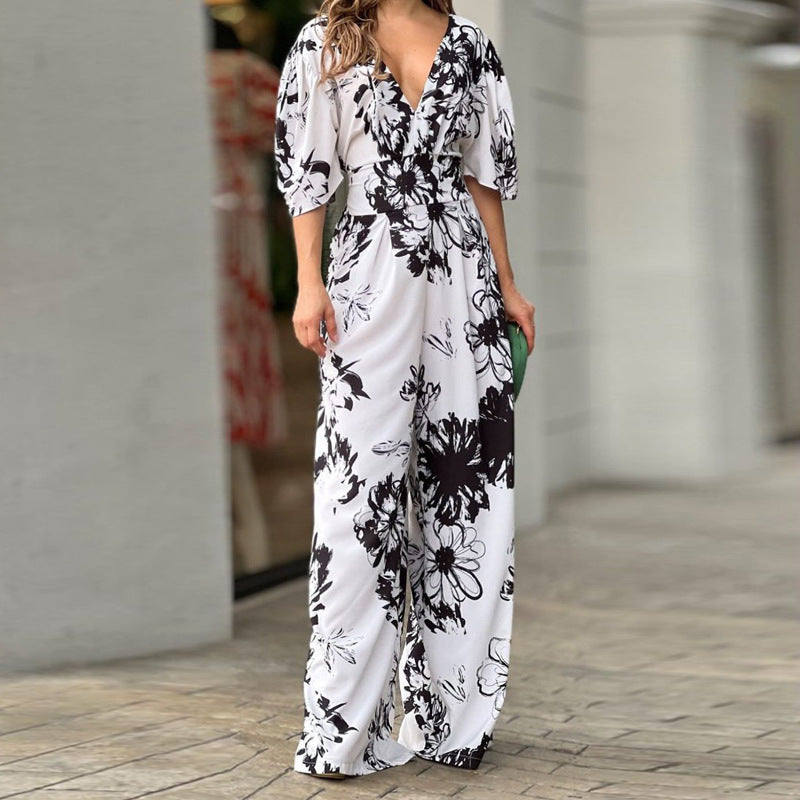 Summer Women's Fashionable And Elegant Print Bat Sleeves Slim Waist V-Neck Jumpsuit 5