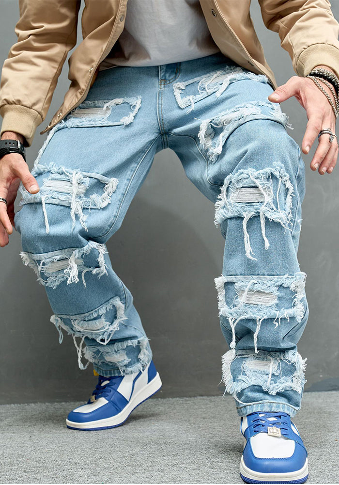 Men's Denim Pants Solid Color Stretch Ripped Beggar Pants