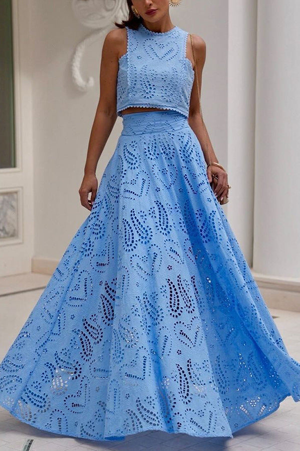 Women Spring Summer Casual Holidays Sleeveless Top and Skirt Two-piece Set 9