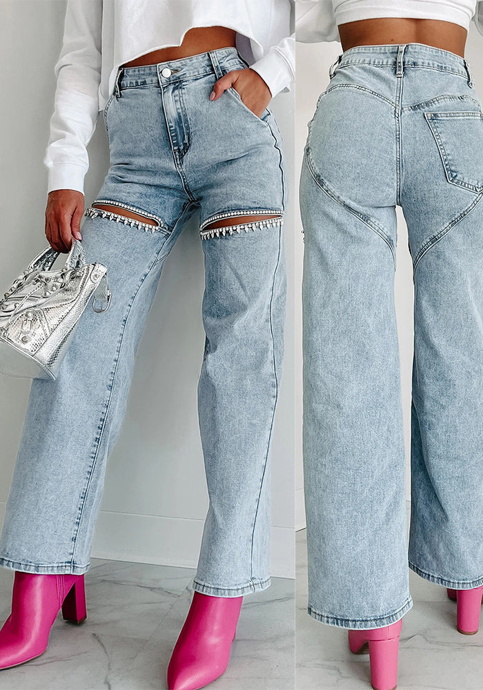 Fashion Women's Washed Multi-Pocket Hollow Diamond Washed Denim Pants