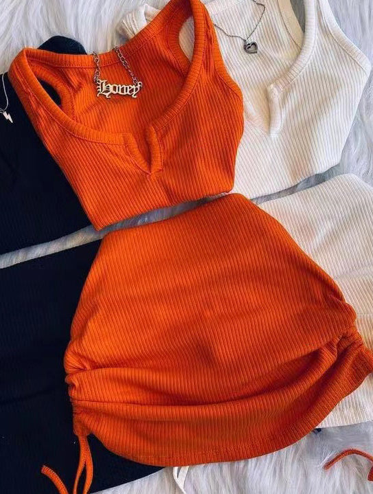 Women's Fashion Casual Suit Tank Top Drawstring Bodycon Skirt Two Piece Set 4