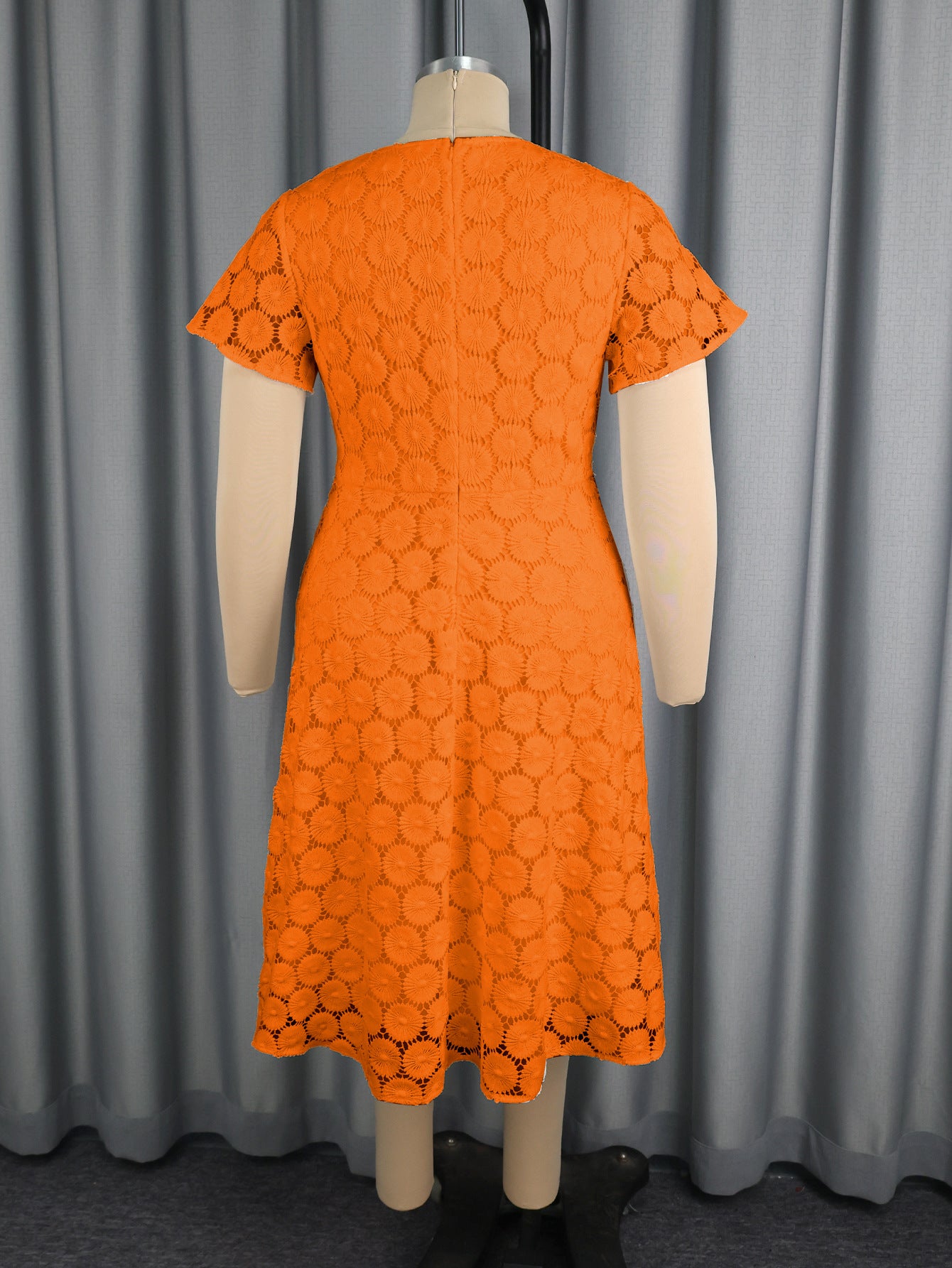 Plus Size Orange Lace Short Sleeve Dress High Waist A-Line Elegant Chic Evening Gown 5