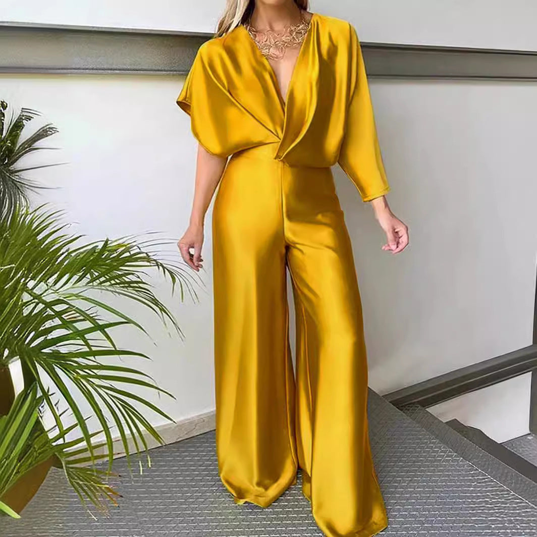 Plus Size Solid Color Satin V-Neck Loose Jumpsuit 3
