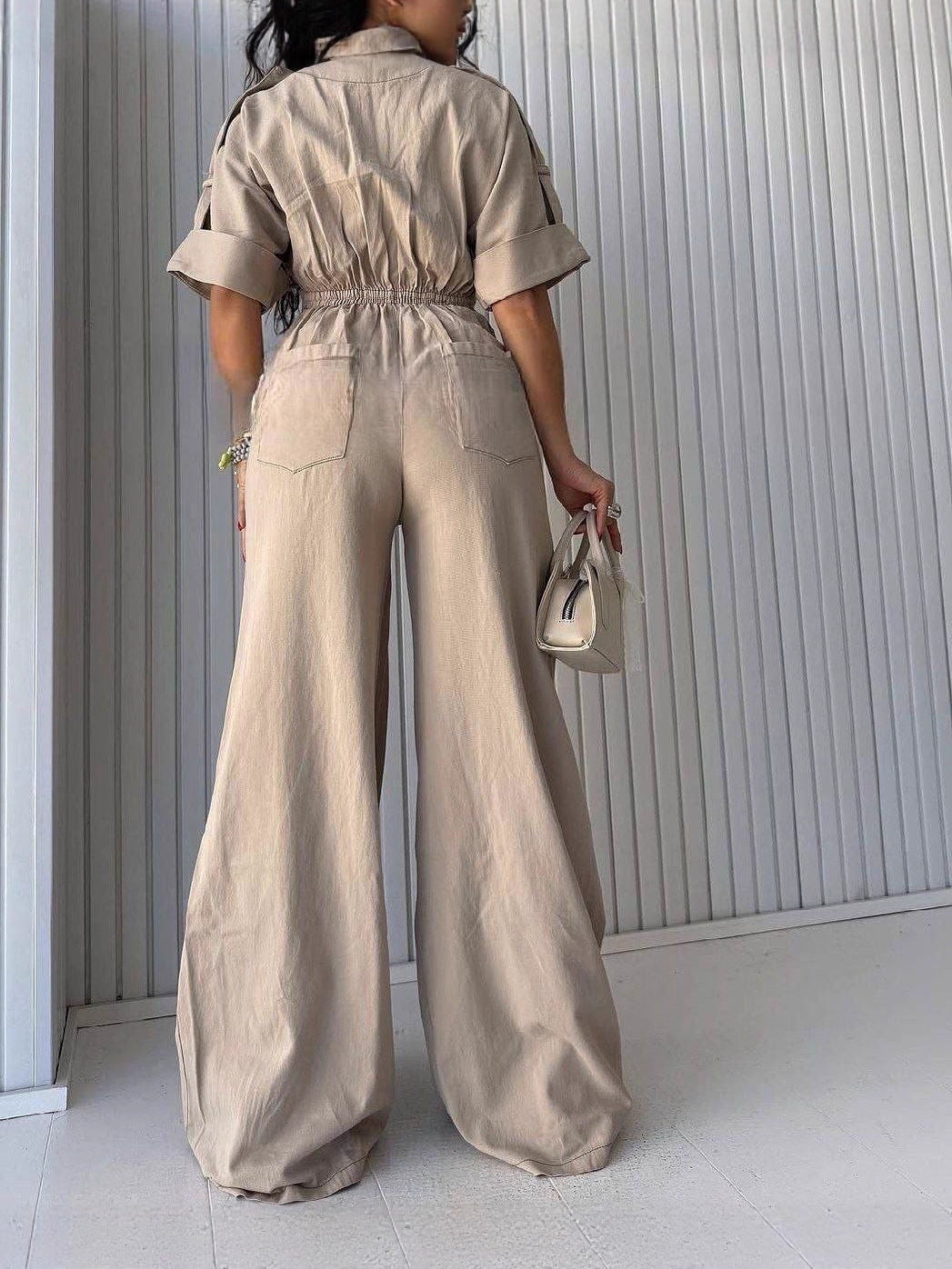 Women Turndown Collar Cargo Wide-Leg Jumpsuit 5