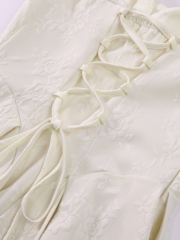 Women's Jacquard Strap Sexy Low Back Ruffle Short Dress 44