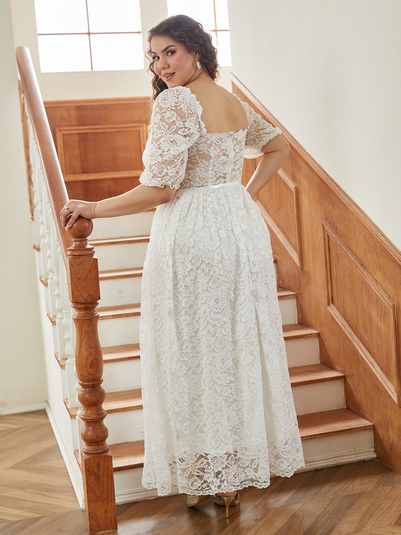 Plus Size Dress Puff Sleeve Lace Prom Dress