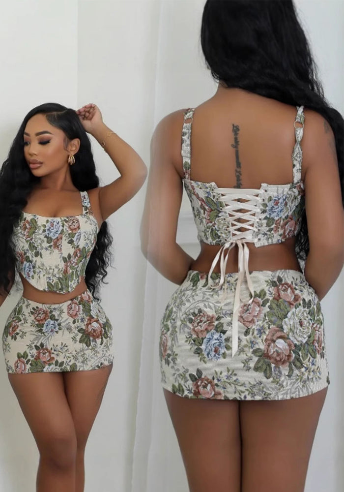Women Floral Strapless Top and Mini Skirt Two-piece Set