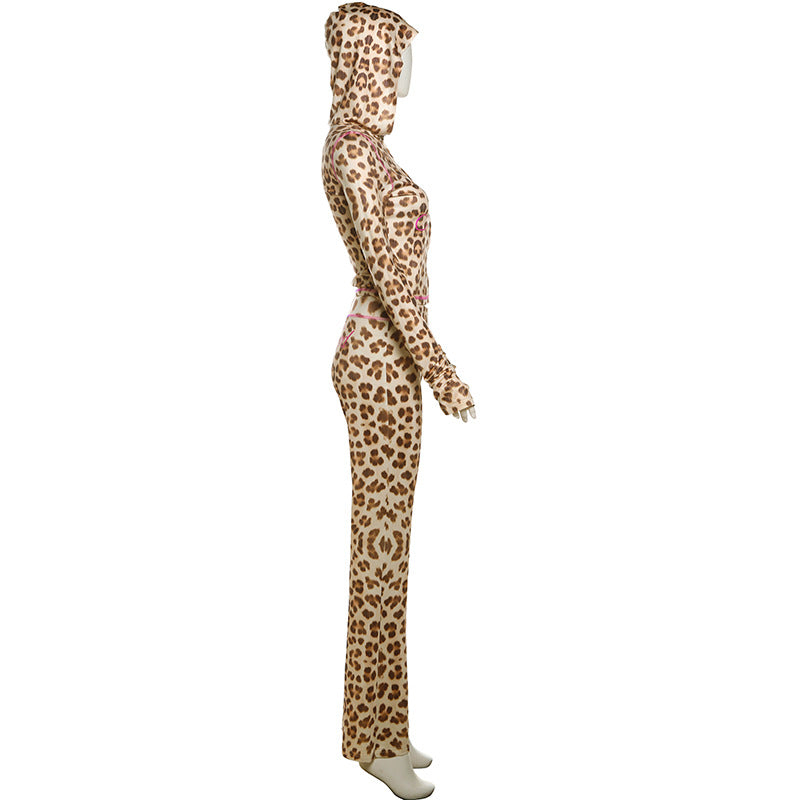 Women leopard print hooded Top and trousers two-piece set 10