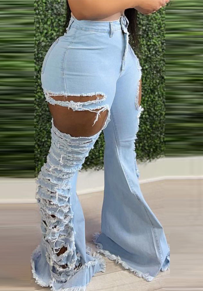 Women Ripped Bell Bottom Denim Pants