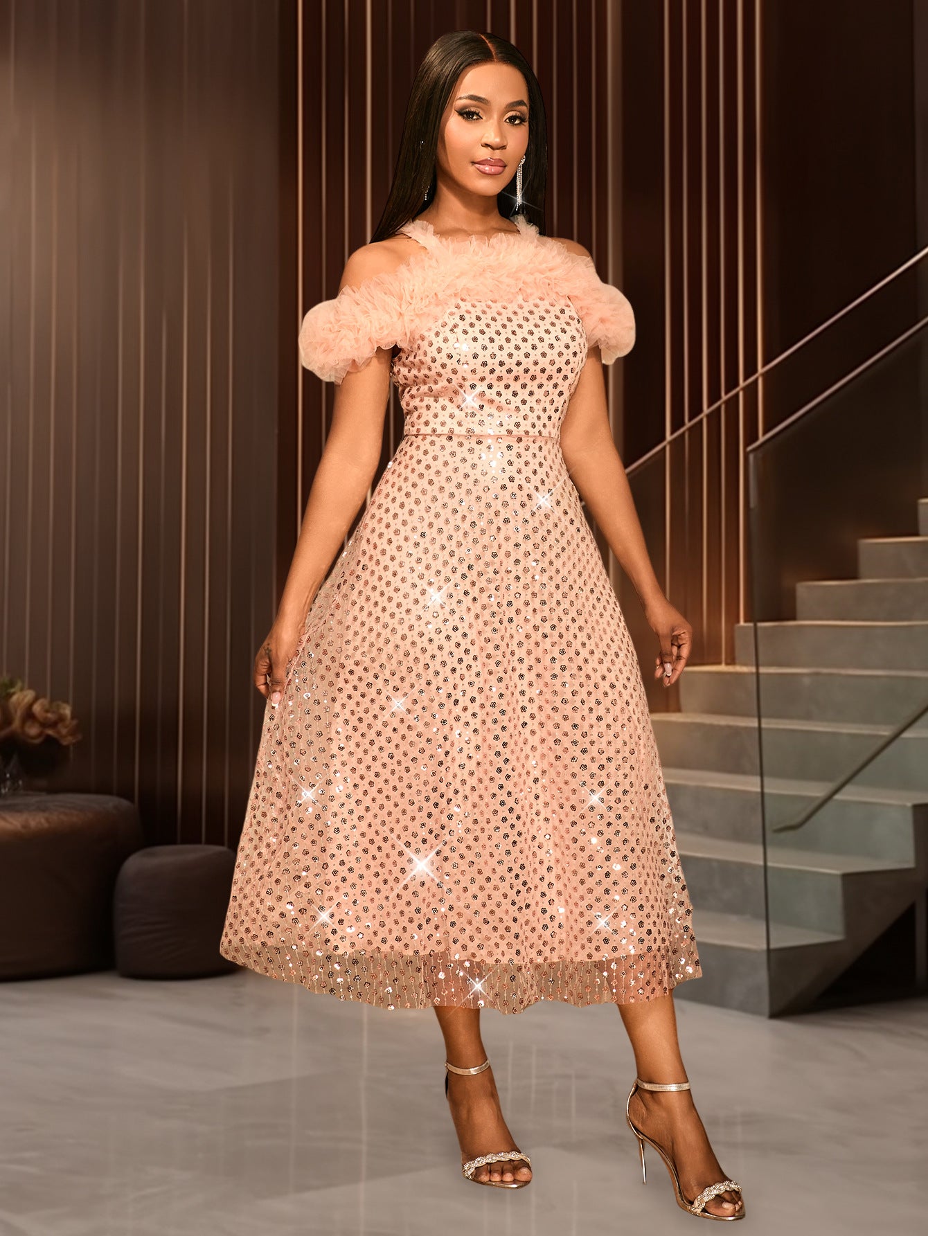 Sexy Off-Shoulder Strap Mesh Sequined A-Line Chic Formal Party Evening Dress 9