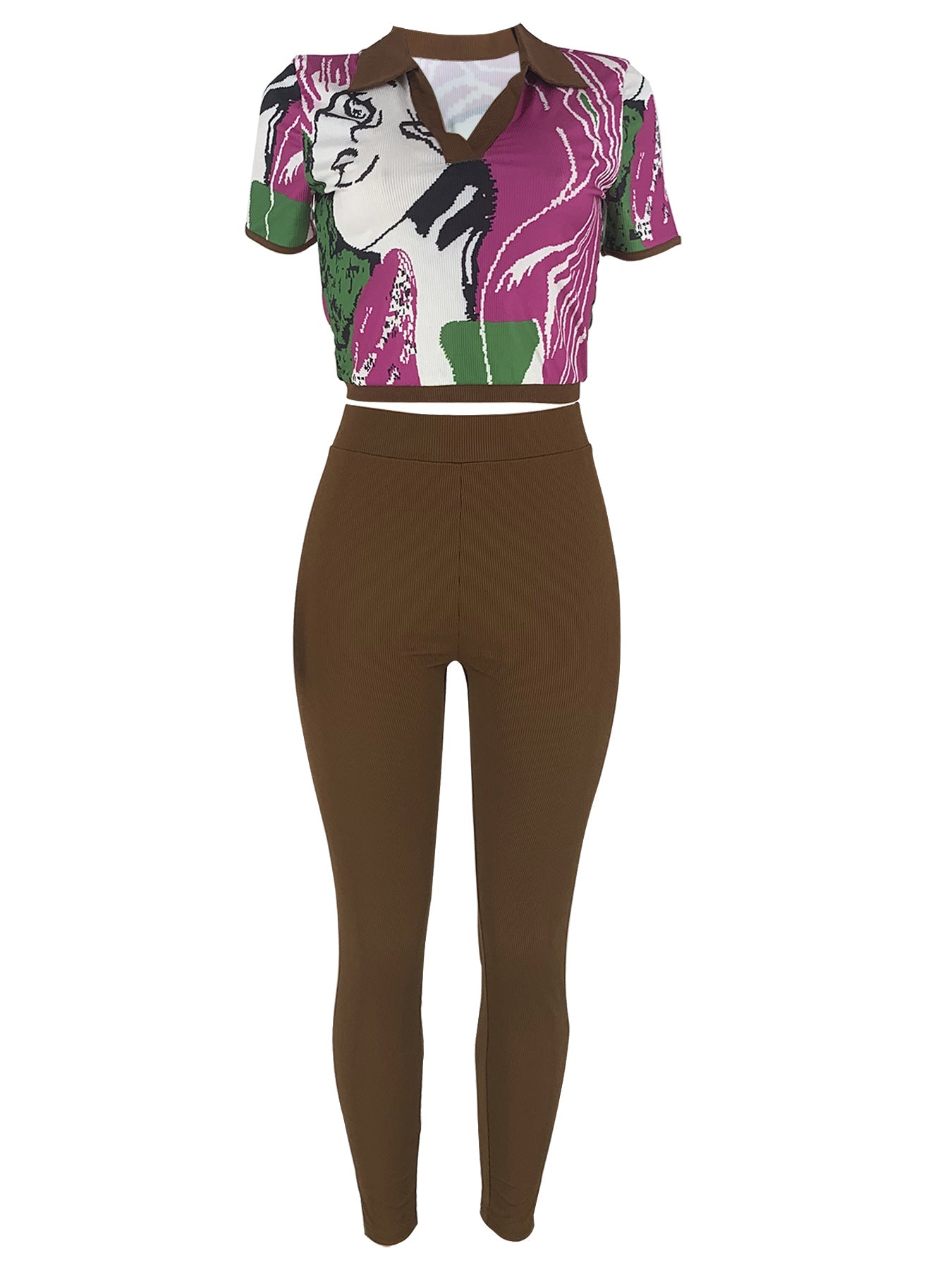 Casual Printed Turndown Collar V-Neck Short Sleeve Tight Fitting Fitted Two-Piece Pants Set Home Suit 5