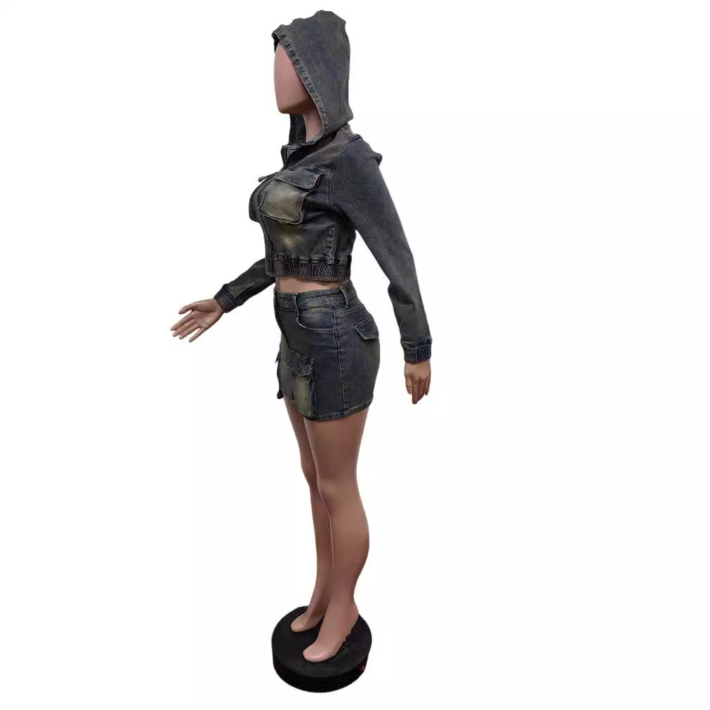 Denim Suit Stretch Denim Hooded Jacket Skirt Two Piece Set 6