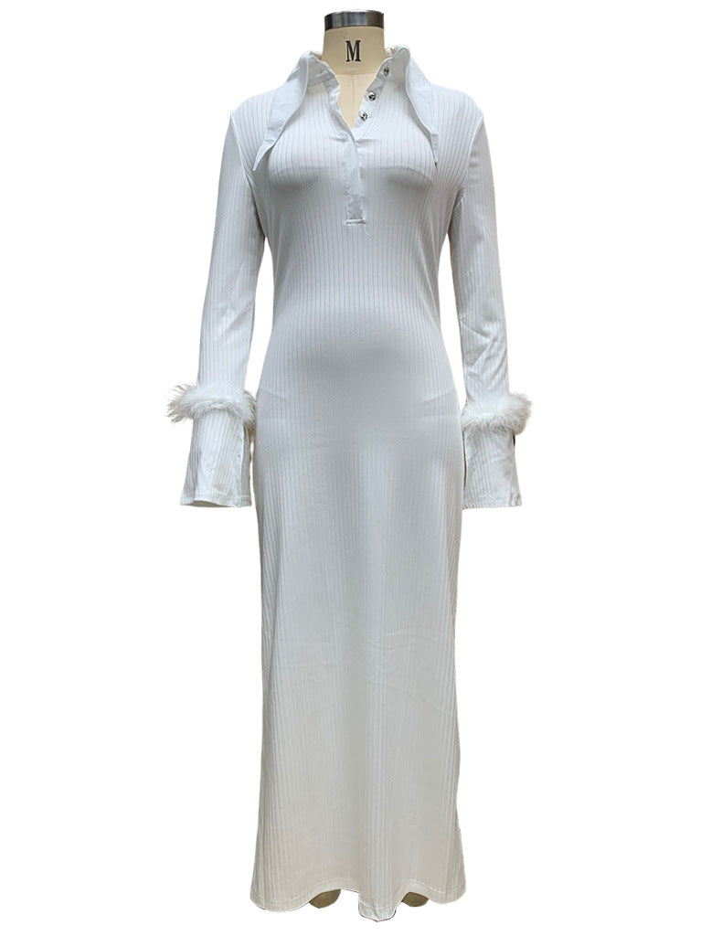 Women Turndown Collar Long Sleeve Feather Maxi Dress 9