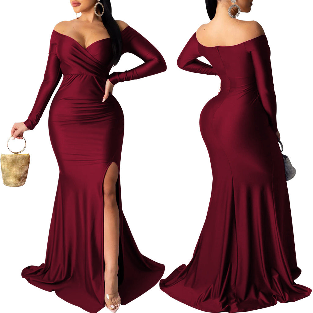 Sexy Fashion Big V-Neck Solid Off Shoulder Slit Evening Dress 6