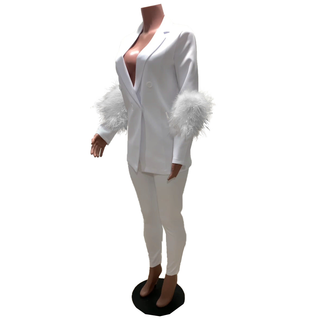 Fall Women Feather Blazer and Pant Two Piece 24