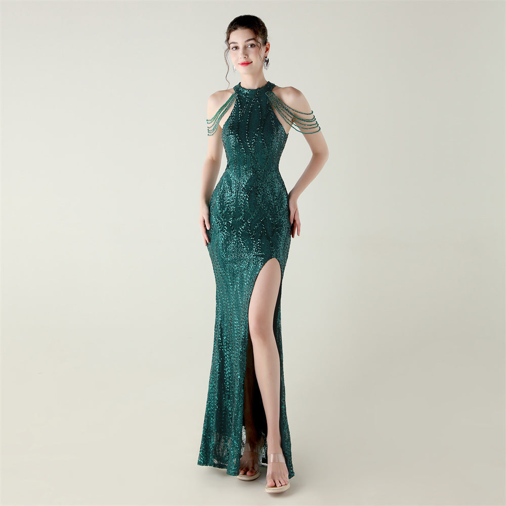Women sequined sequined tube flower beaded sexy backless fishtail Formal Party evening dress