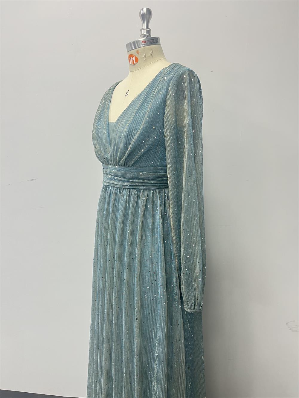 Women's  Glittery Pleated Elastic See-Through Long Sleeve V-Neck Legant Evening Gown 18