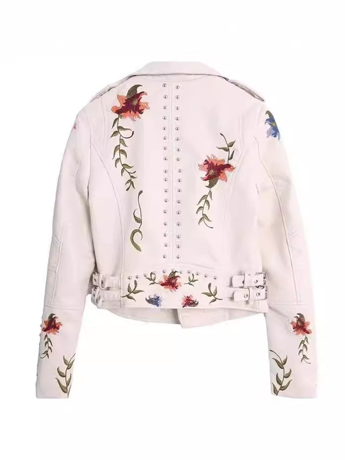 Women Embroidered Rivet Pu-Leather Long Sleeve Coat 12