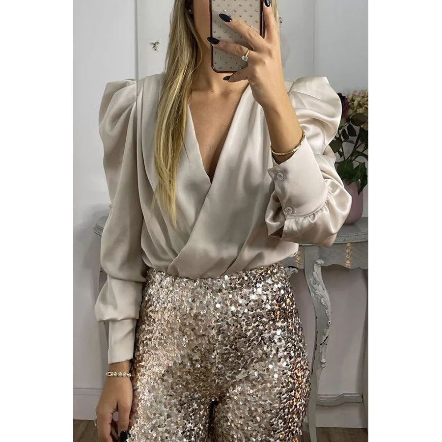 Spring Summer Long Sleeve Loose Satin Shirt Casual Party Top 12