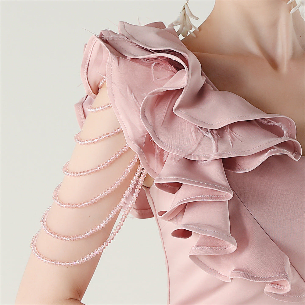 Women One-Shoulder Beaded Wool and Floral Satin Slit Sexy Evening Dress 67