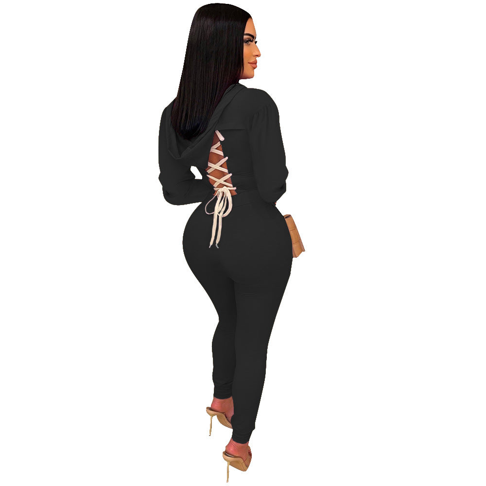 Women Autumn/Winter Long Sleeve Top+Lace-Up Pants Solid Color Two-piece Set 16