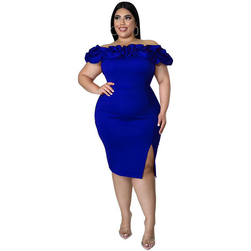 Fashion Plus Size Women's Summer Sexy Off Shoulder Ruffled Slit Bodycon Dress 6