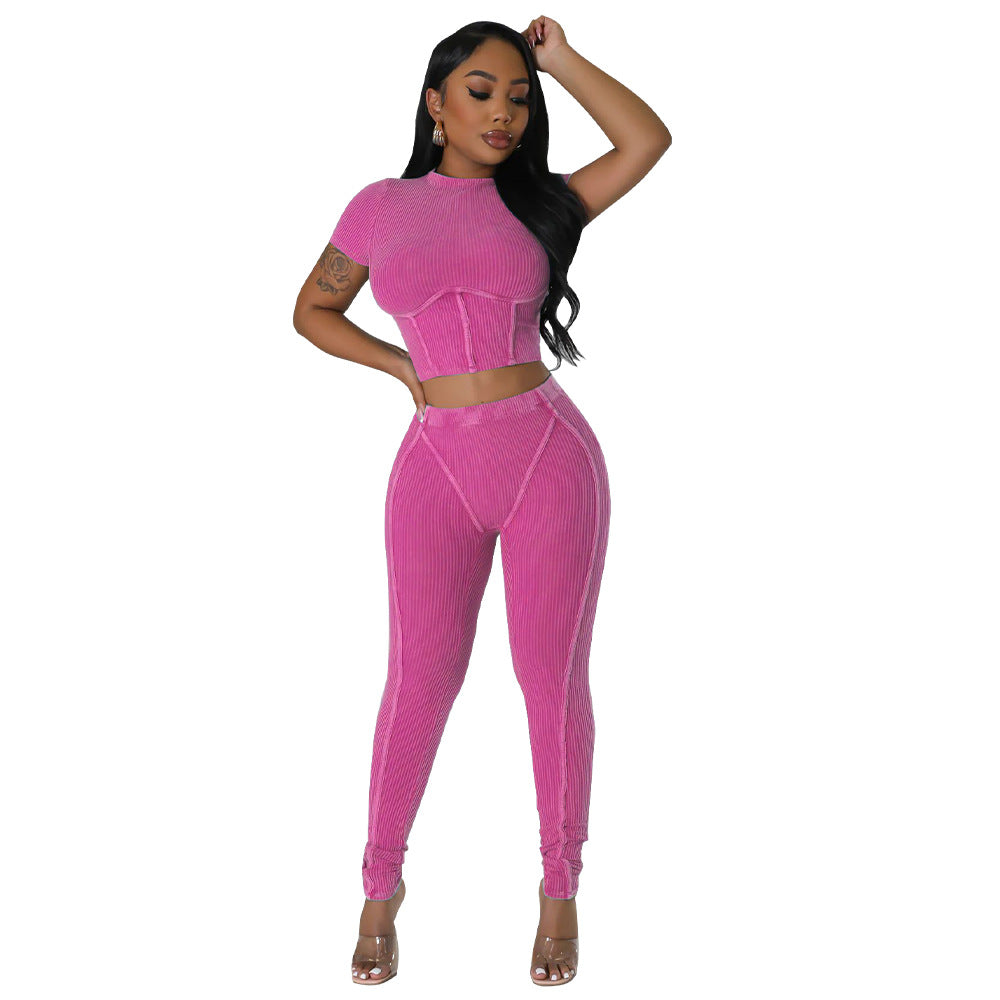 Solid Round Neck Tight Fitting Sexy Women's Sport Two Piece Pants Set 12