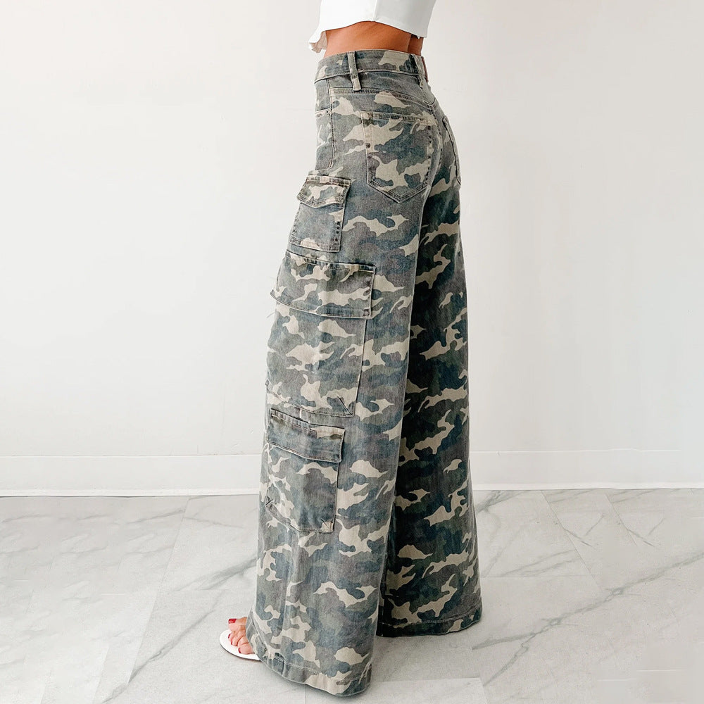 Women Fall/Winter Cargo Pocket Casual Camouflage Wide-Leg Pant 4