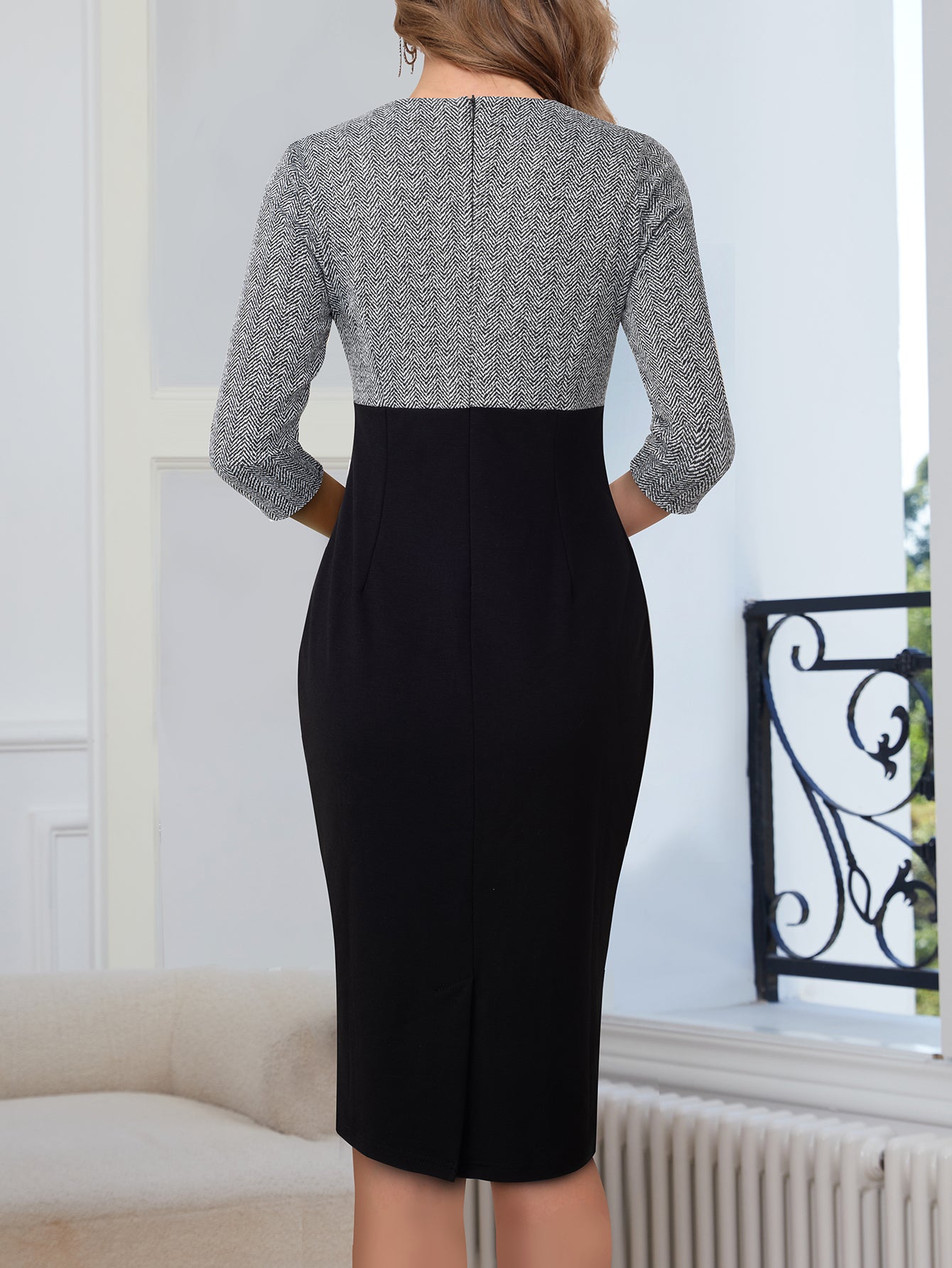 Women's V-Neck Color Block Patchwork 3/4 Sleeve Chic Bodycon Dress 3