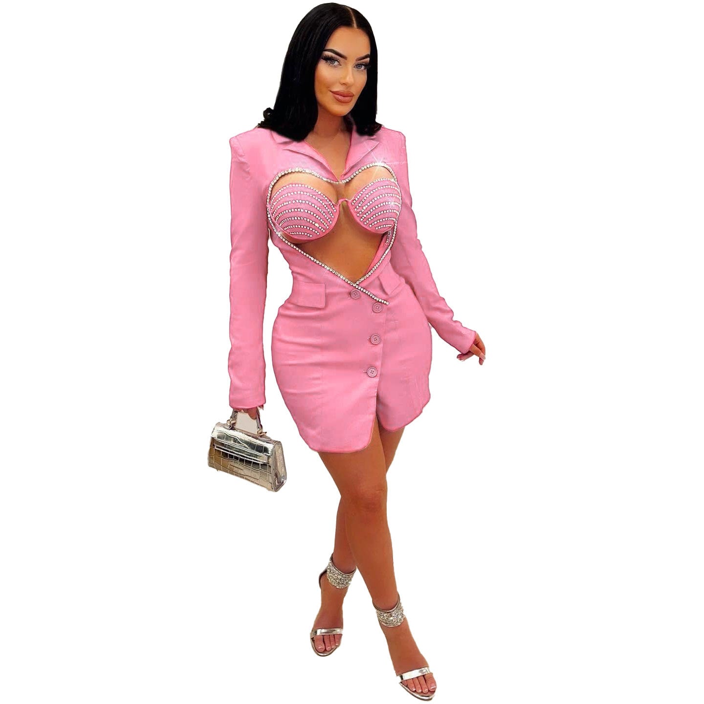 Sexy Solid Color Beaded Bra Blazer Dress Two-Piece Set 14