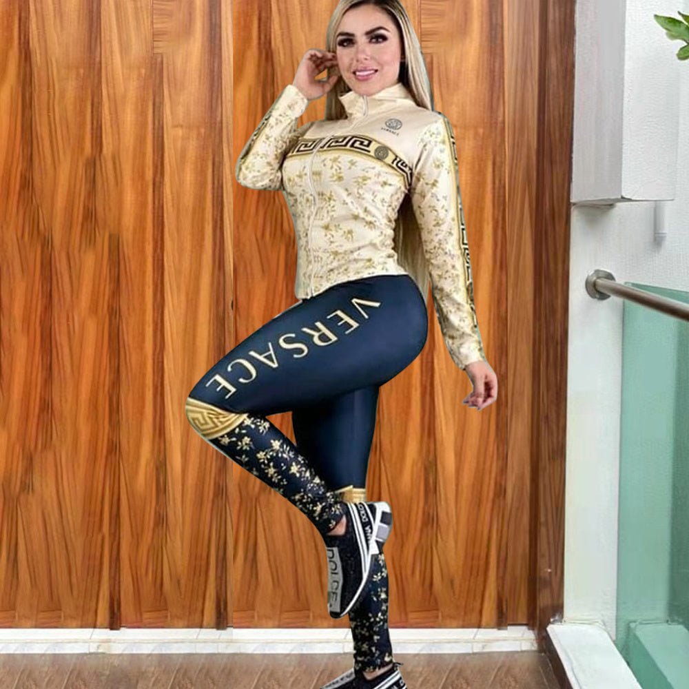 Women's Casual Fashion Color Block Print Long Sleeve Zipper Two-Piece Pants Set